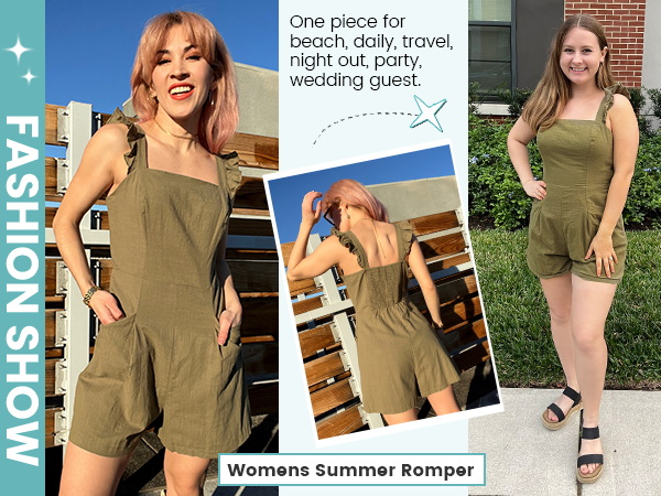 Summer Cotton Shorts Romper Adjustable Ruffle Straps Rompers Smocked Short Jumpsuit with Pockets