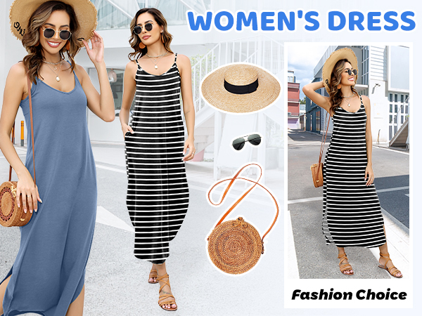 Cami Dresses for Women Summer Casual Loose Pocket Sleeveless V Neck Strappy Split Maxi Slip Dress