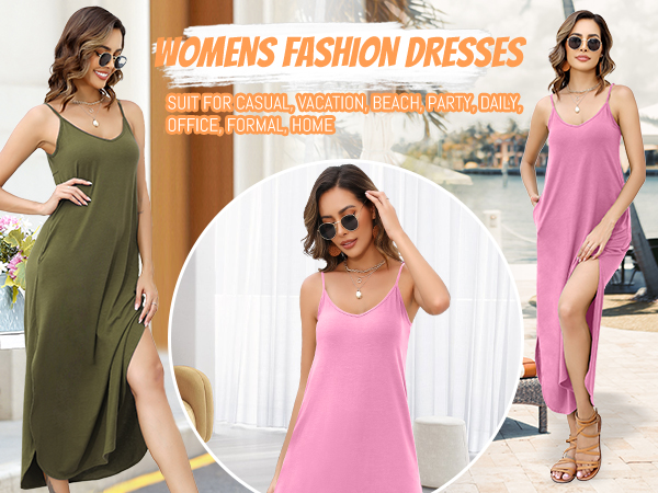 Women''s Summer Maxi Dress Casual Loose Pocket Sleeveless V Neck Strappy Split Long Cami Dresses