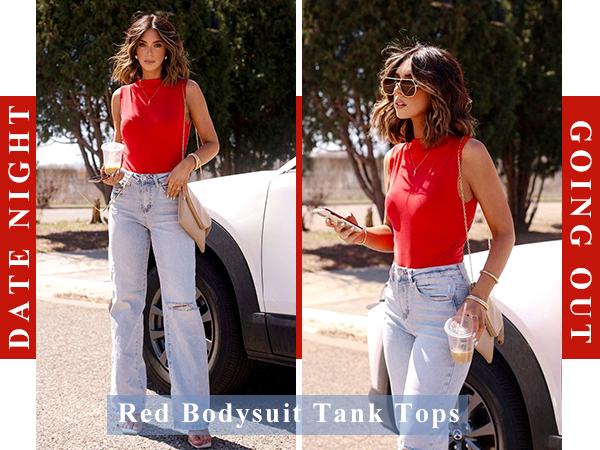 sleeveless red bodysuit tank top