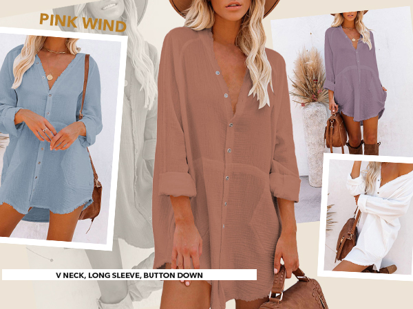 Pink Wind Women''s Casual Shirt Dresses With Pockets V Neck, Long Sleeve, Button Down