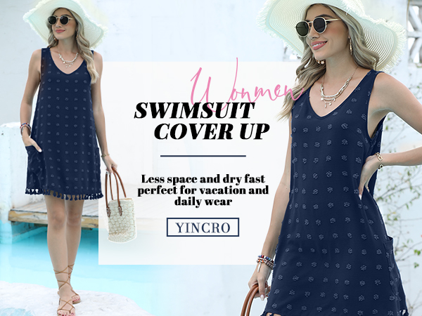 Yincro Womens Swimsuit Cover Up Swiss Dot V Neck Tank Beach Dress with Pockets