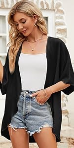 Chiffon Kimono Cardigan Swimsuit Beach Wear Cover Up Blouse Top Black