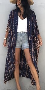 Chunoy Women Open Front Kimono Cardaigan Caftan Sleeve Tie Dye Striped Long Beach Cover Up