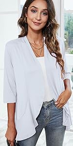 Chunoy Women Casual Lightweight Open Front Solid 3/4 Sleeve Draped Ruffles Kimono Cardigan