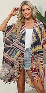 Chunoy Women Floral Print Lightweight Open Front Beach Wear Kimono Cover Up