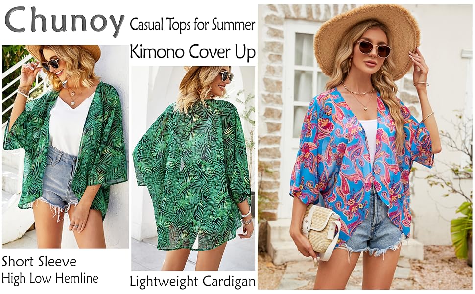 Women Summer Floral Print Short Sleeve Chiffon Kimono Cardigan Open Front Beach Wear Cover Up