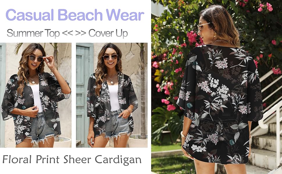 Chunoy Women Floral Print Loose Short Sleeve Chiffon Kimono Cardigan Swimsuit Cover Up