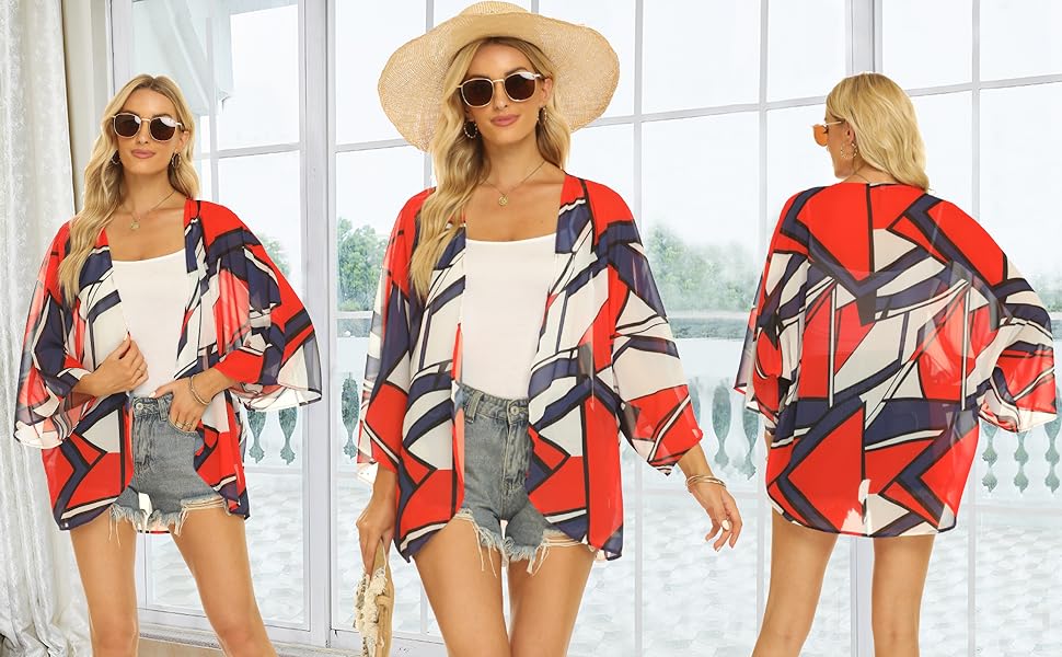 Chunoy Color Block Red Lightweight Short Sleeve Chiffon Kimono Cover Up Beach Wear Blouse Top