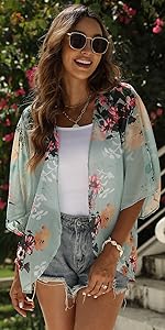 Mint Green Floral Kimono Cardigan Loose Short Sleeve Shawl Chiffon Casual Beach Cover Up