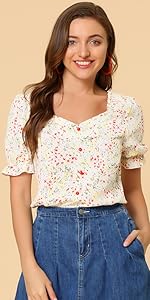 B09LC357HH Floral Printed Smocked Shoulder Top