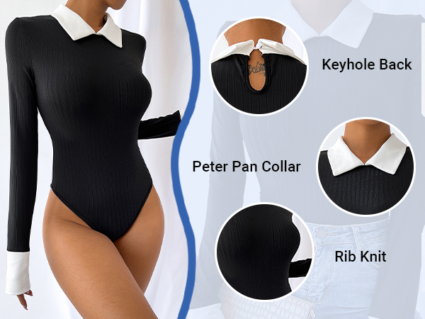 Colorblock Rib Knit Long Sleeve Doll Collar Keyhole Back Bodysuit Shirt Top