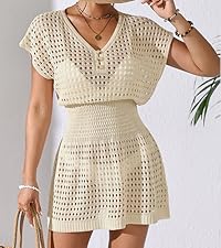 v neck short sleeve crochet bikini cover up dress for women