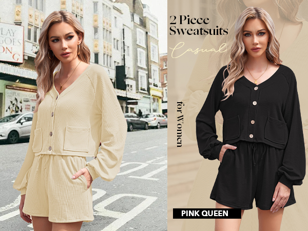 Pink Queen Women''s 2 Piece Outfits Casual Long Sleeve V Neck Button Down Cropped Top Shorts Sets