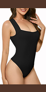 Womens Sexy Square Neck Bodysuit Sleeveless Ribbed Strappy Thong Shapewear Tank Tops