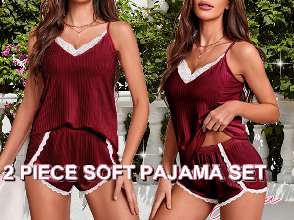 Womens Pajama Sets Soft Lingerie Sleepwear 2 Piece Cami Shorts Set V Neck Pj Lace Nightwear