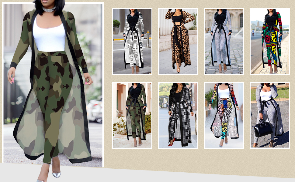 Womens 2 Piece Outfits Floral Print Long Sleeves Open Front Cardigan Overcoat Long Pants Sets