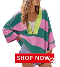 Oversized Striped Shirt Half Zip Sweatshirt Color Block V Neck Top Casual Long Sleeve Pullover