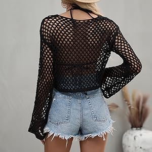 Women Rave Fishnet Tops Mesh Crochet Long Sleeve Crop Top Bikini Cover ups Knit Swimwear Cover up