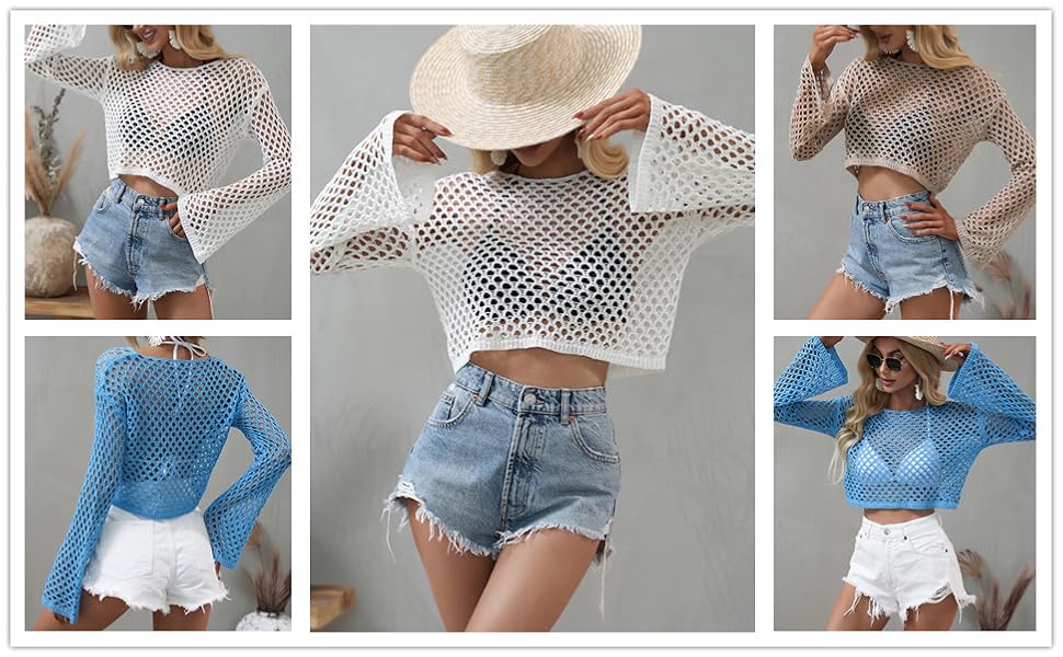 Women Rave Fishnet Tops Mesh Crochet Long Sleeve Crop Top Bikini Cover ups Knit Swimwear Cover up