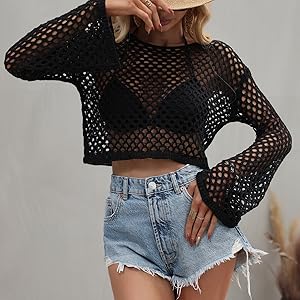 Women Rave Fishnet Tops Mesh Crochet Long Sleeve Crop Top Bikini Cover ups Knit Swimwear Cover up