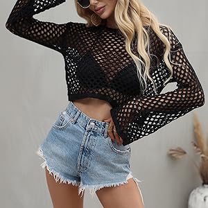 Women Rave Fishnet Tops Mesh Crochet Long Sleeve Crop Top Bikini Cover ups Knit Swimwear Cover up