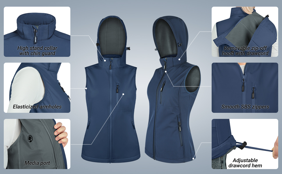 womens softshell vest with removable zip-off hood