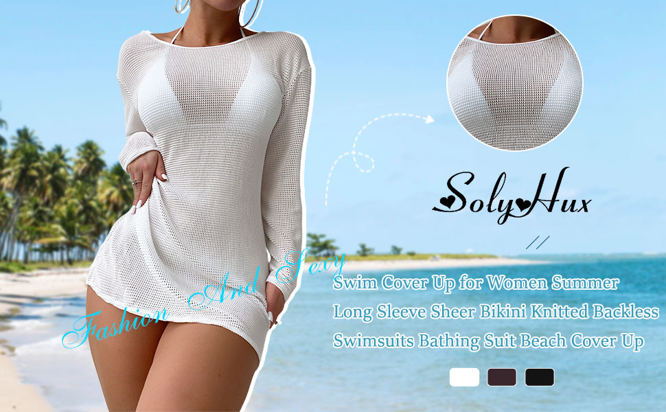 SOLY HUX Swim Cover Up for Women Summer Long Sleeve Sheer Bikini Knitted Backless Swimsuits