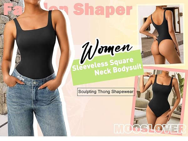 MOOSLOVER Women Sleeveless Square Neck Bodysuit Tummy Control Sculpting Thong Shapewear