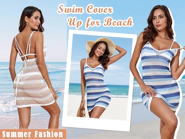 Womens Swimsuit Crochet Cover Up Knit Stripe Bathing Suit Coverup