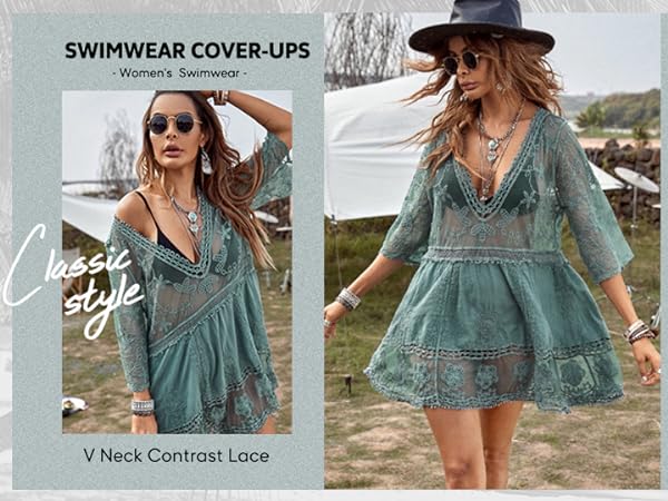 Contrast Lace Bathing Suit Cover Up for Swimwear Women Swimsuit Bikini Cover Up