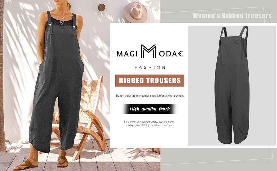 Women''s Casual Cotton Linen Baggy Overalls Jumpsuit Rompers with Pockets