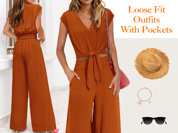 casual summer 2 piece outfits for women v neck short sleeve top and wide leg pants