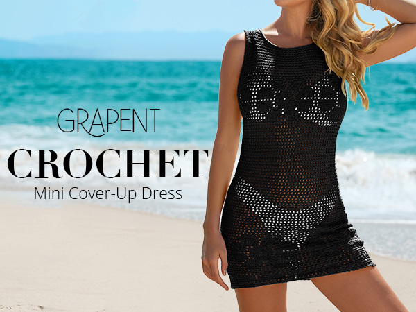 GRAPENT Women Crochet Mini Cover-Up Dress Casual Summer Crew Neck Beach Sleeveless Short Cover Up