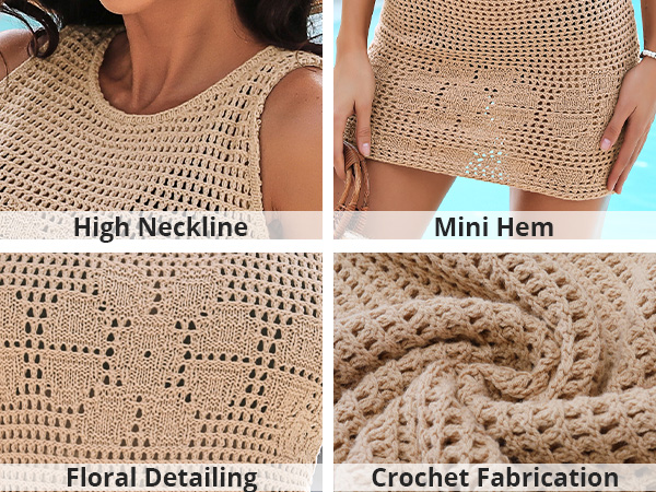 GRAPENT Women Crochet Mini Cover-Up Dress Casual Summer Crew Neck Beach Sleeveless Short Cover Up