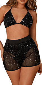 Glitter Mesh Crop Halter Top and Shorts Set