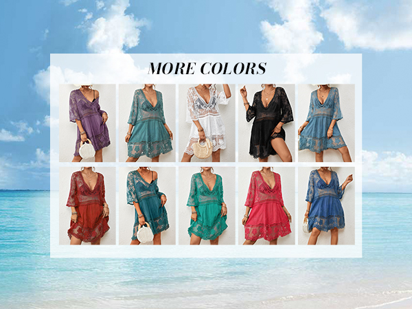 Bsubseach Women Lace Swimsuit Cover Up Bathing Suit Coverups V-Neck Swimsuit Hollow Out Beach Dress