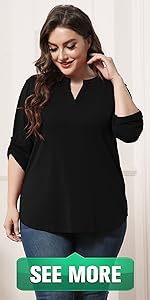 POSESHE Womens Plus Size Tunic Tops 3/4 Roll Sleeve Tops V Neck Shirts  Blouses