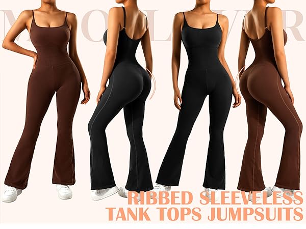 Women Ribbed One Piece Flare Jumpsuits Sleeveless Square Neck Tank Tops Rompers