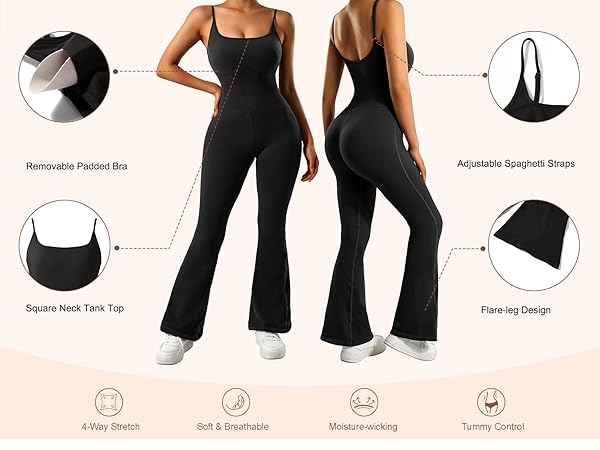 Women Ribbed One Piece Flare Jumpsuits Sleeveless Square Neck Tank Tops Rompers