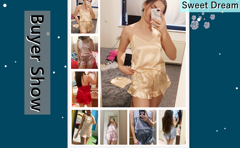 Women''s 3 Pieces Satin Sleepwear Cami Top and Ruffle Shorts Pajama Set