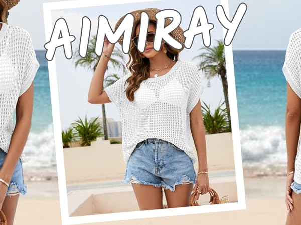 Aimiray Womens Beach Hollow Out Cover Ups Mesh Crochet Crop Top