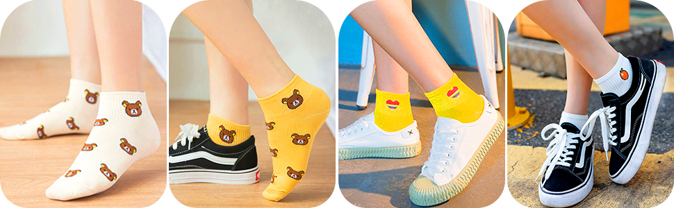 IIG WOMENS LOW CUT SOCKS BANNER - Cute Bear & Fruits & Rainbow Heart