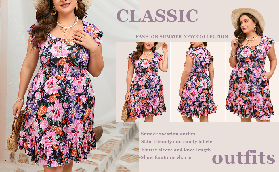 plus size Women''s Short ruffle Sleeve Boho Floral Dress A Line Smocked Midi Dress