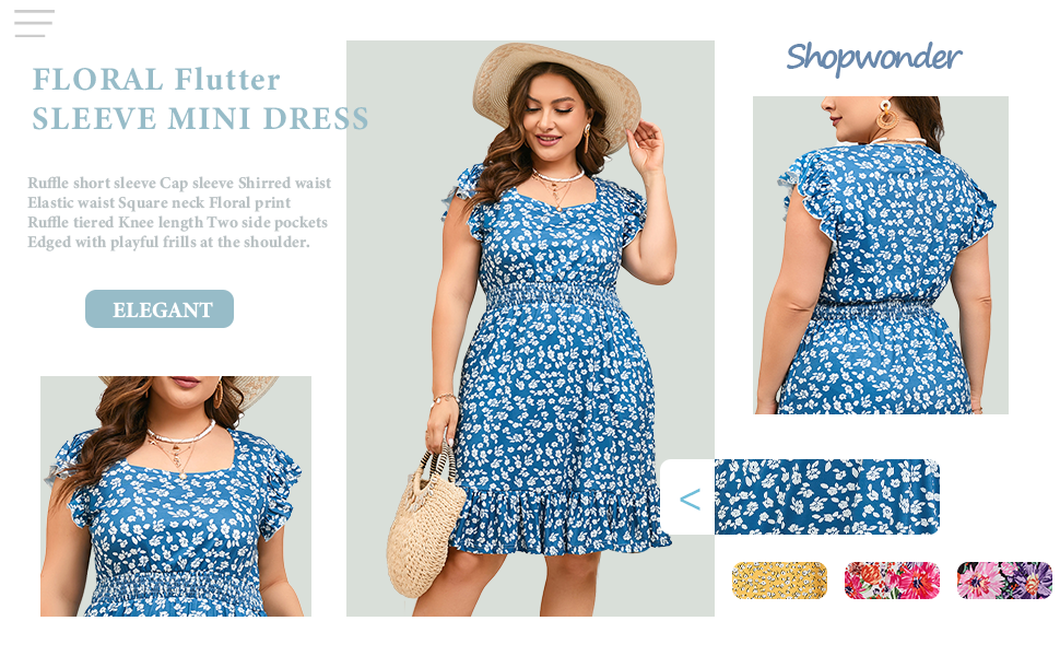 Womens Plus Size Floral Summer Dress Square Neck Flutter Sleeve Mini Dresses