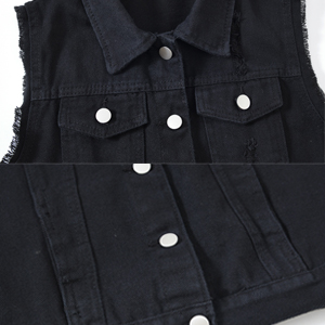 Black multi-pocket denim vest details show