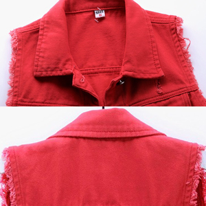 Red multi-pocket denim vest details show