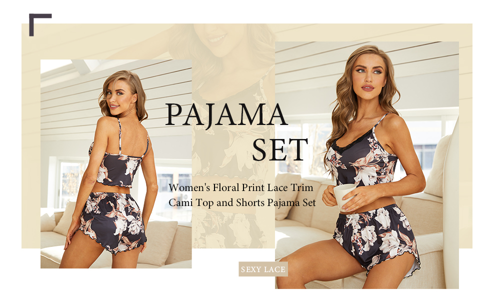 Women&#39;s Floral Print Lace Trim Cami Top and Shorts Pajama Set Sleepwear