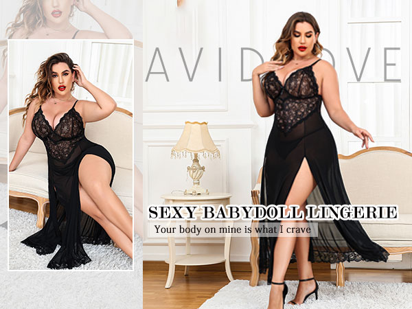 Avidlove Plus Size Lingerie For Women Babydoll Sexy Mesh Maxi Nightdress 