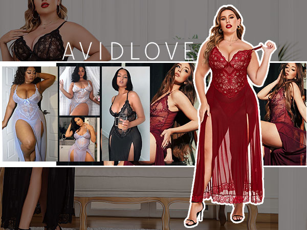 Plus Size Lingerie For Women Babydoll Sexy Mesh Maxi Nightdress  Side Slits